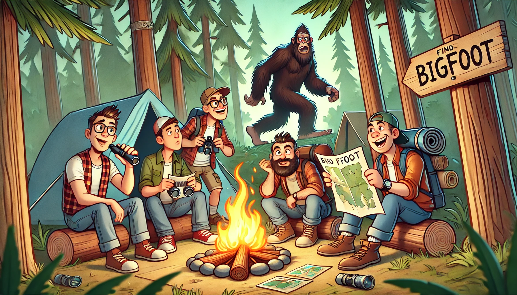 Image: Cartoon camping trip of men on a Bigfoot expedition.