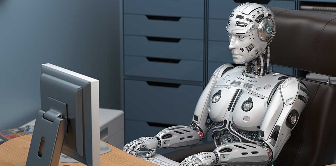 AI robot working at computer desk. 