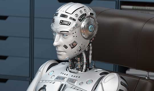 AI robot working at computer desk. 