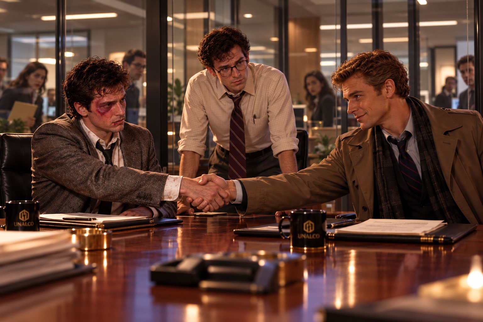 Tense Handshake in the Glass Office