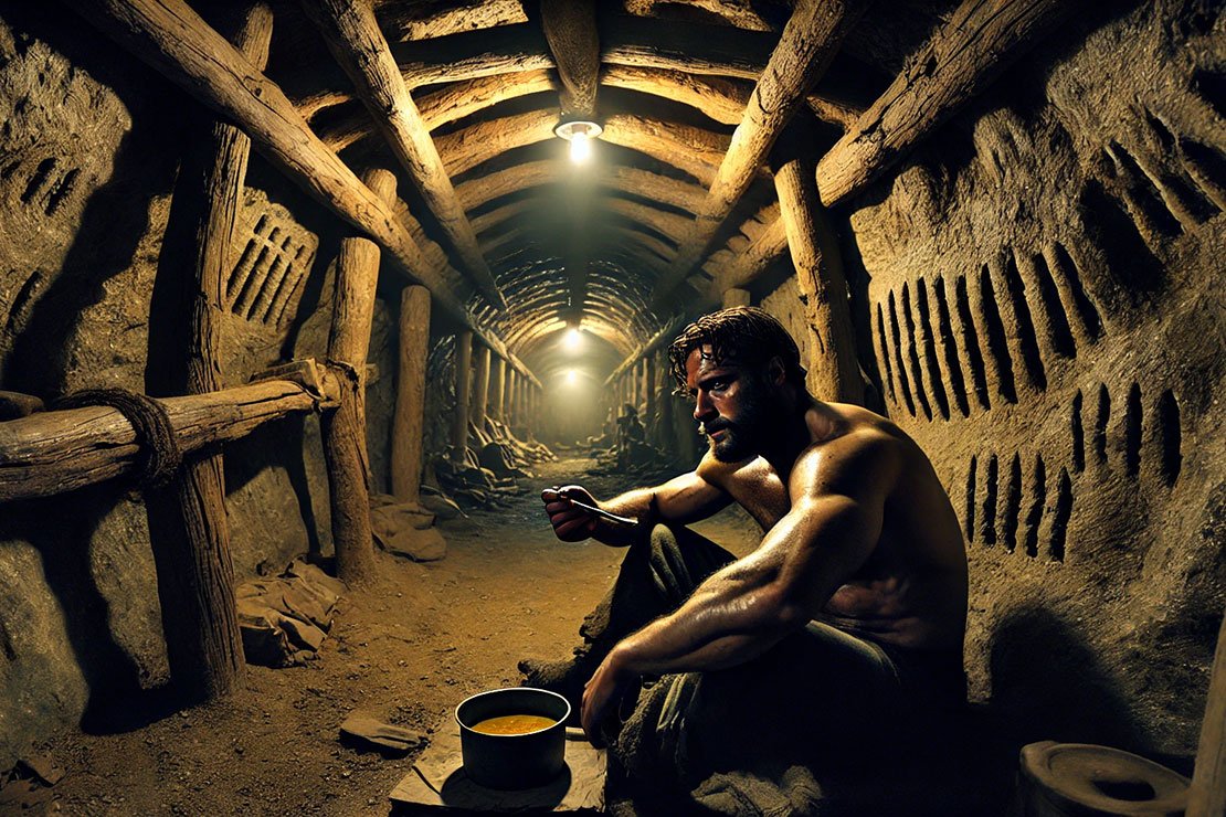 Hank Raglan haggard, eating in the "Caves of Baghdad". AI generated image.