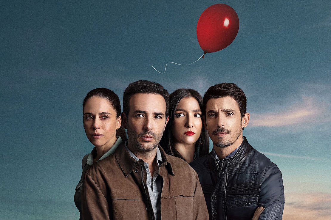 The Accident. Cast Image with red balloon in the background. 