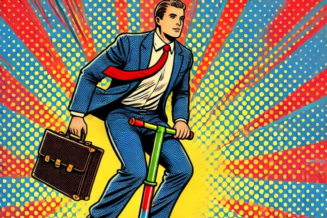 Business man on pogo stick in pop art style graphic
