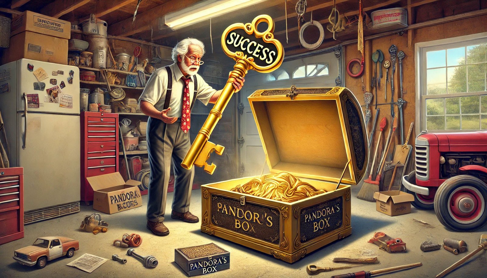 Man finds a key to success in his garage. AI Generated image of this concept for real.