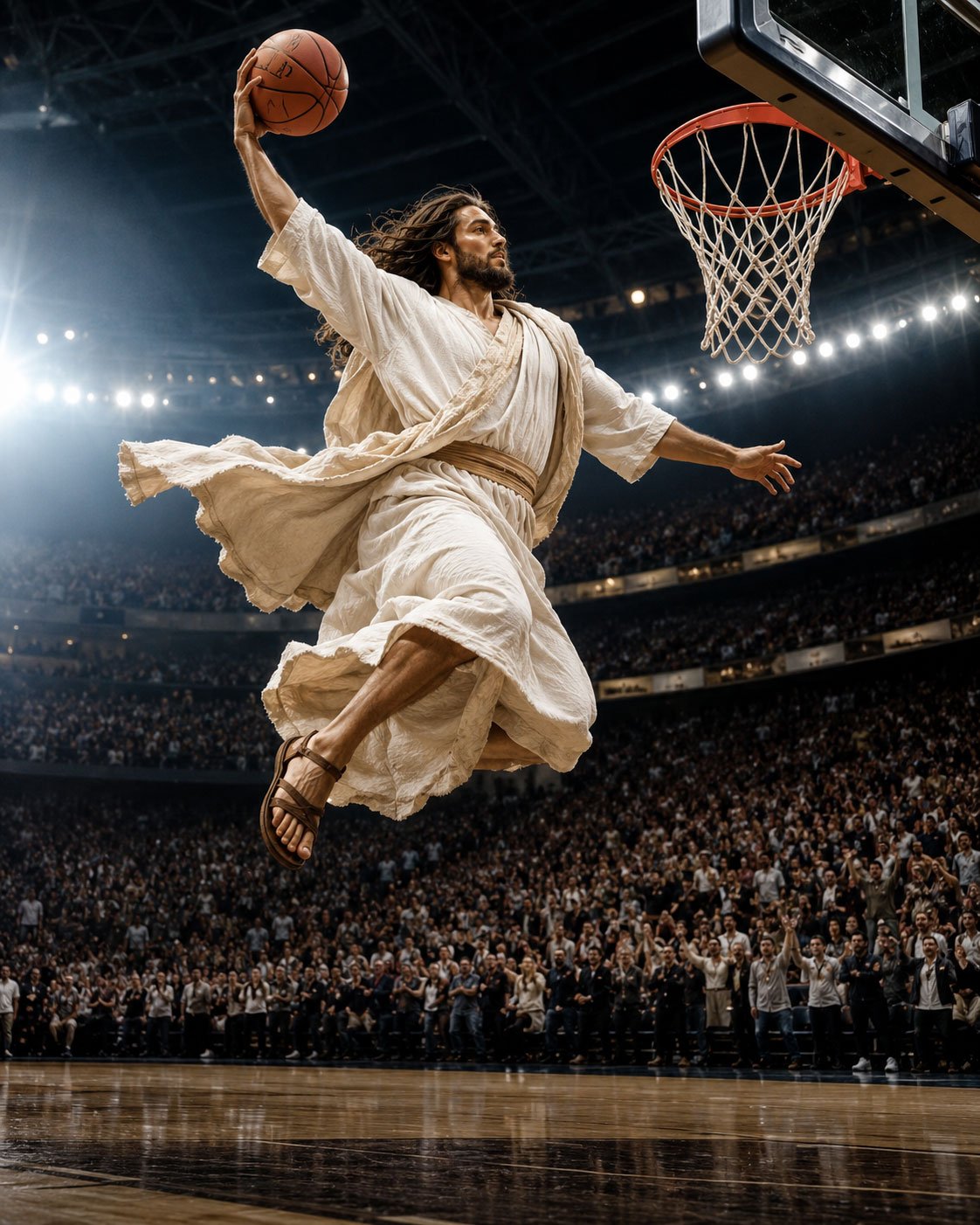 Funny Newz AI Slop Image of Jesus dunking a basketball.
