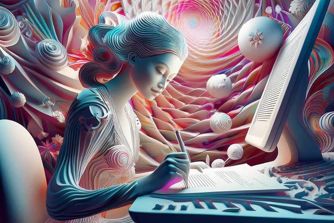 Artistic image of writer at keyboard. AI generated. 