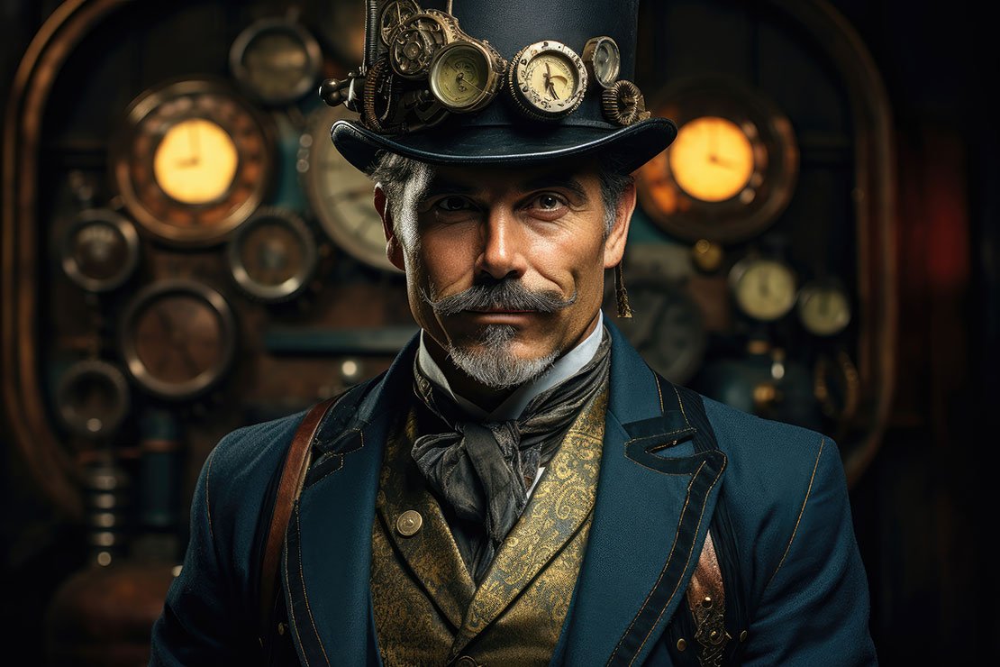 Steam punk guy in hat. 