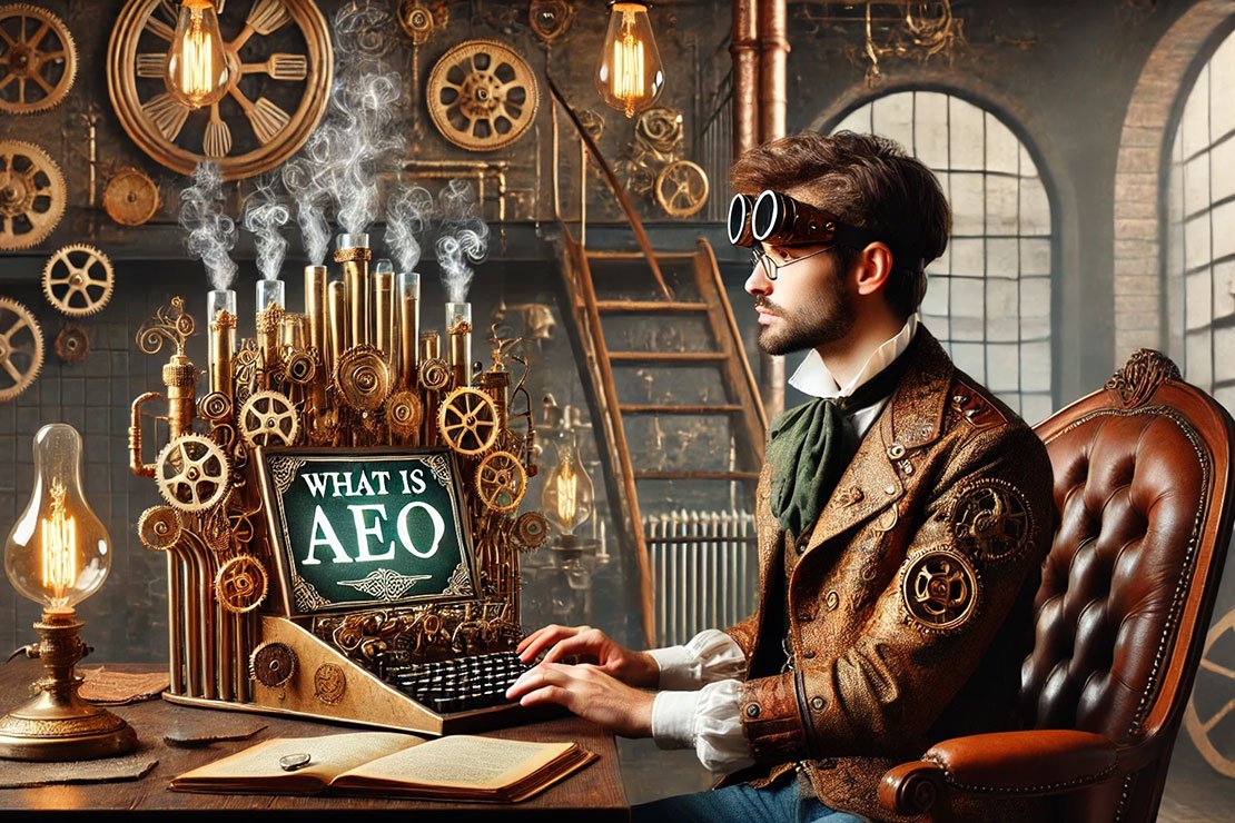 What is Ask Engine Optimization (AEO) Steam Punk Graphic