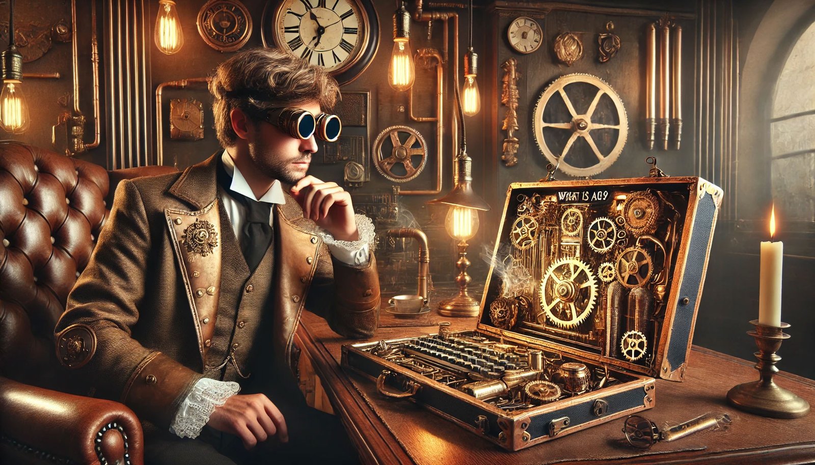 Steam punk image of a man looking at a steam punk lap top.